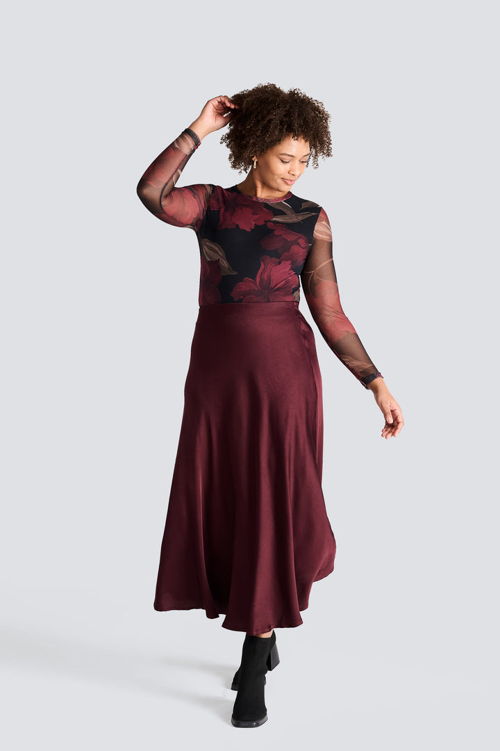 Burgundy Floral Mesh Top