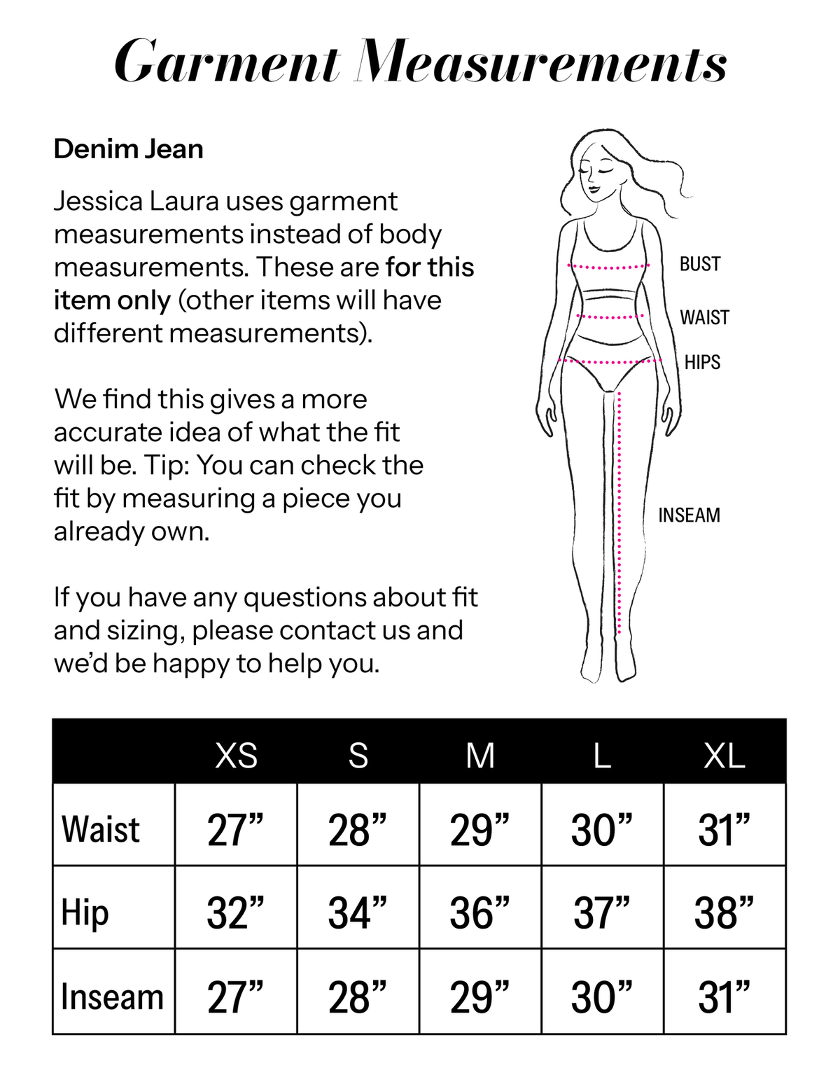 Denim Jean size chart