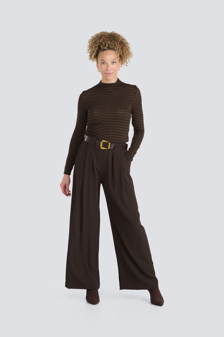 Long-sleeve funnel neck top in a brown and black horizontal stripe pattern.