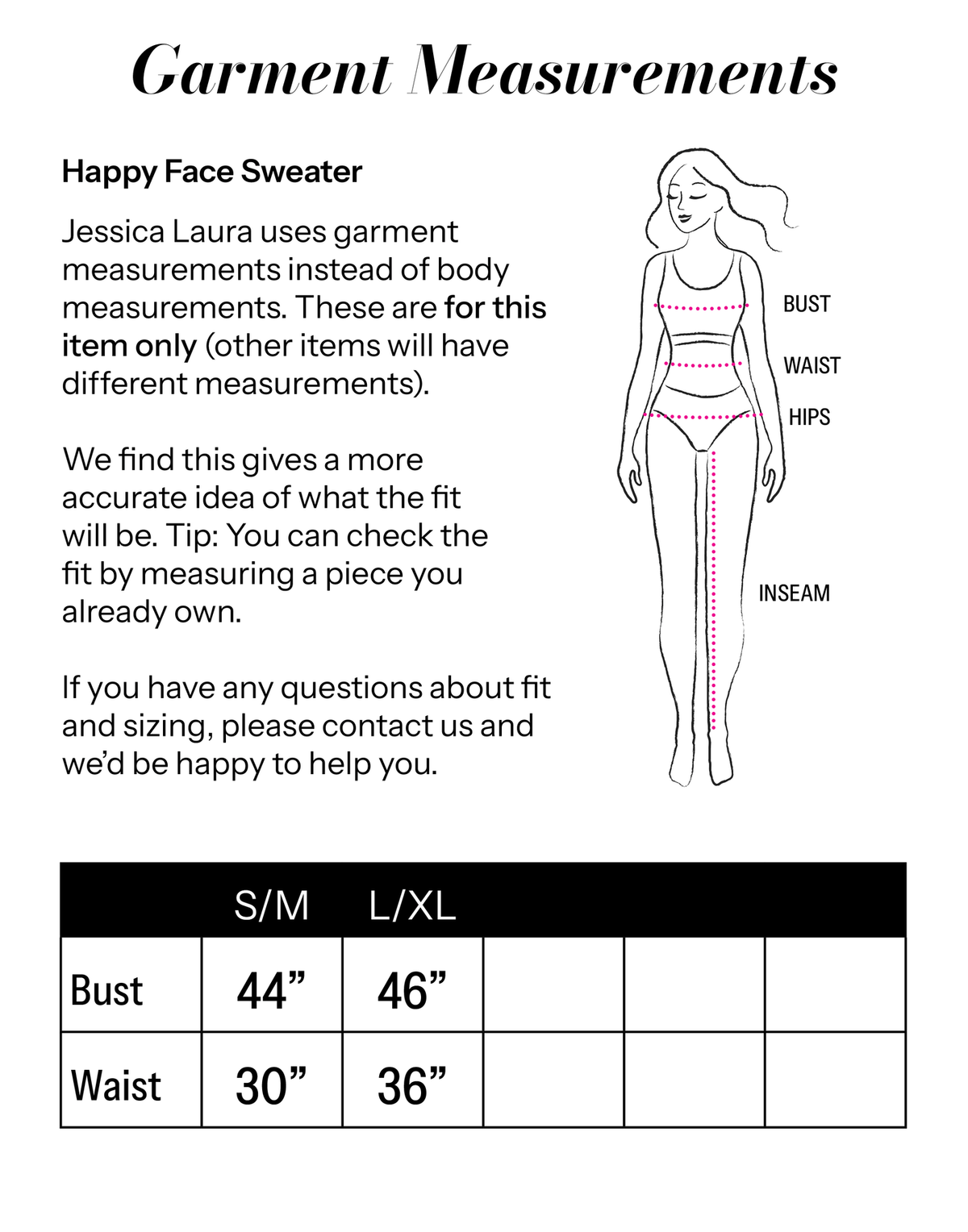Happy Face Sweater size chart