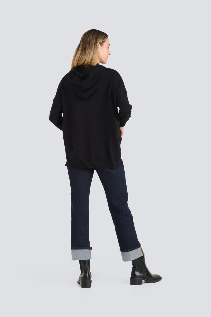 Black hooded knit sweater with ribbed trim, shown from the back.
