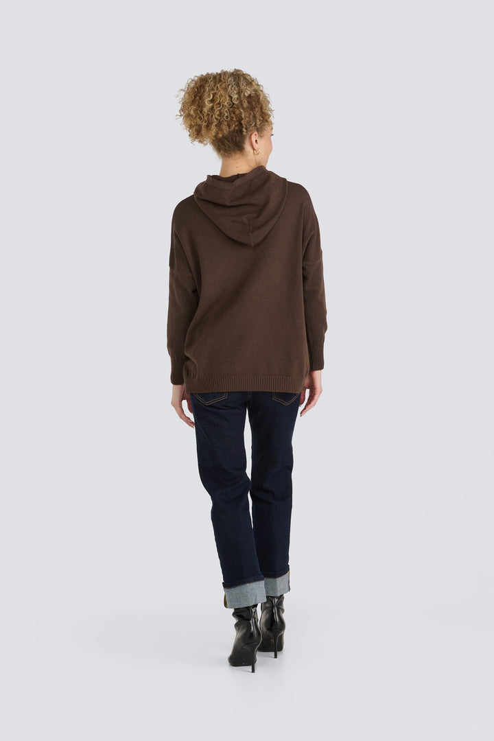 Dark brown knit hooded sweater shown from the back with a ribbed hem.