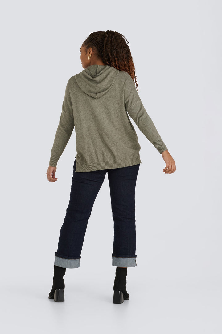 Olive green knit hooded sweater with ribbed trim and long sleeves.