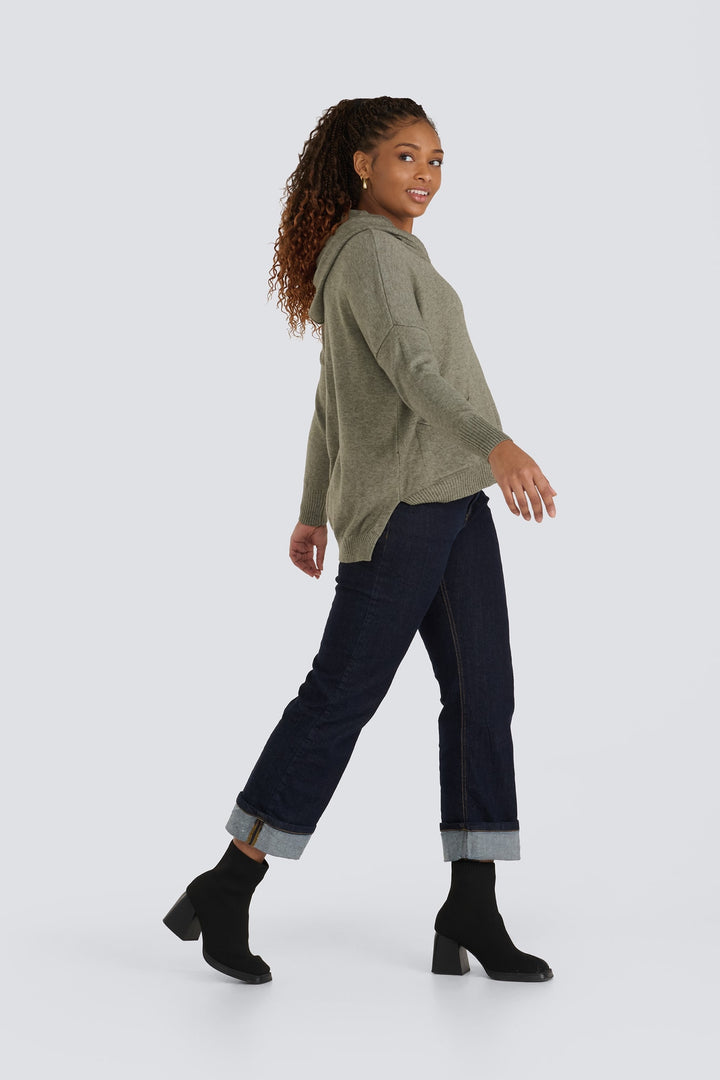Olive green knit hoodie sweater with long sleeves and ribbed cuffs.