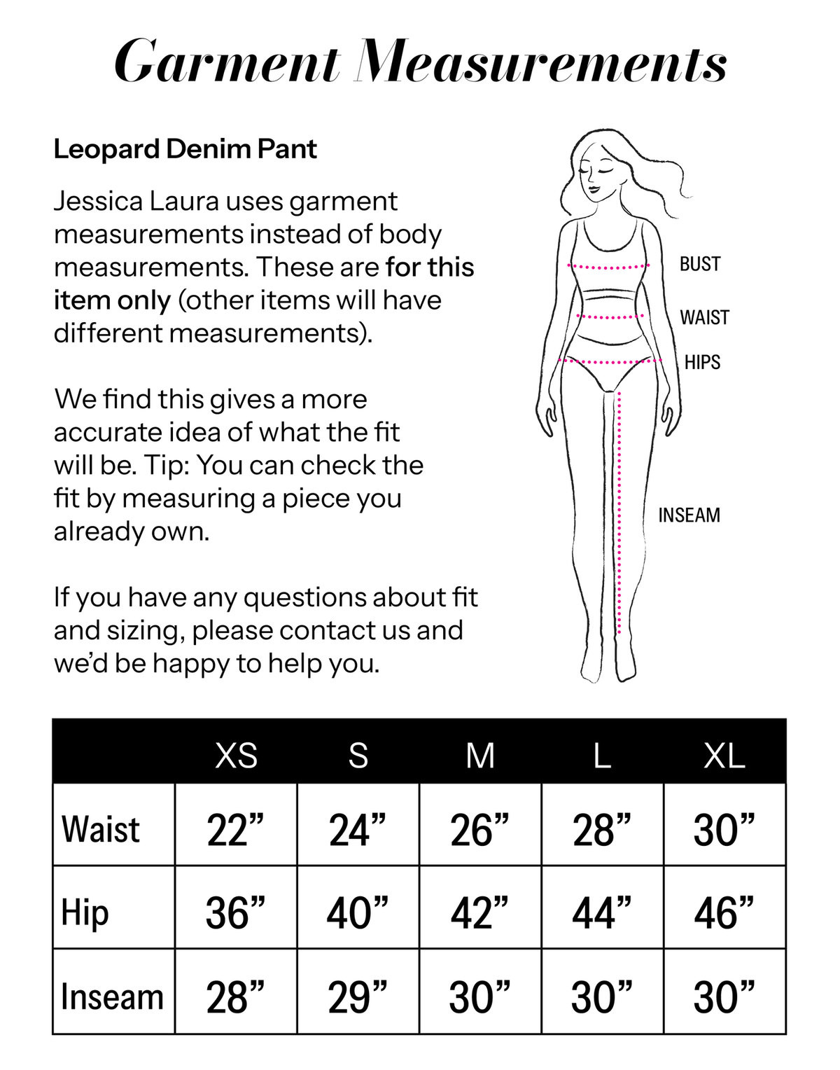 Leopard Denim Pant size chart