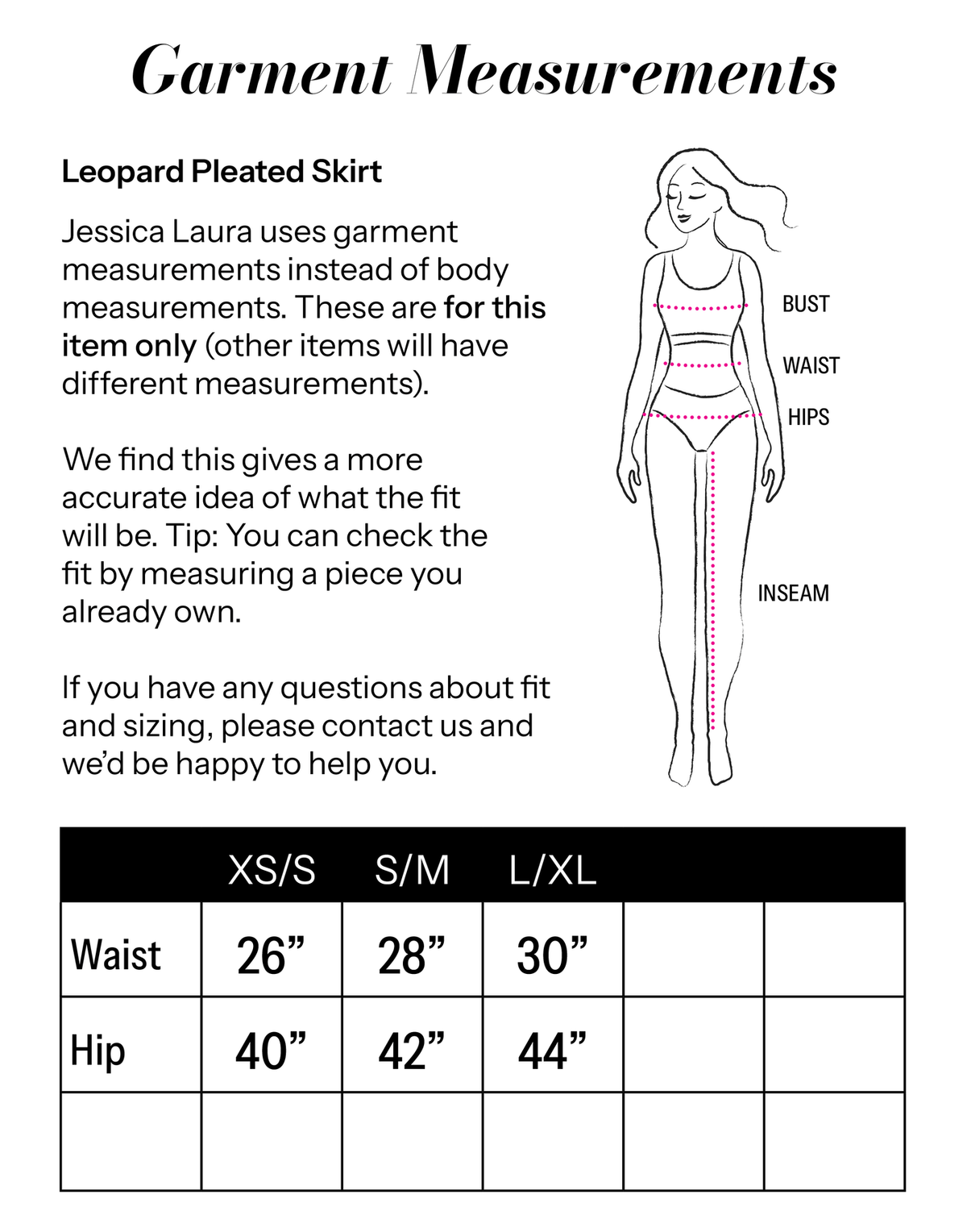 Leopard Pleated Skirt size chart
