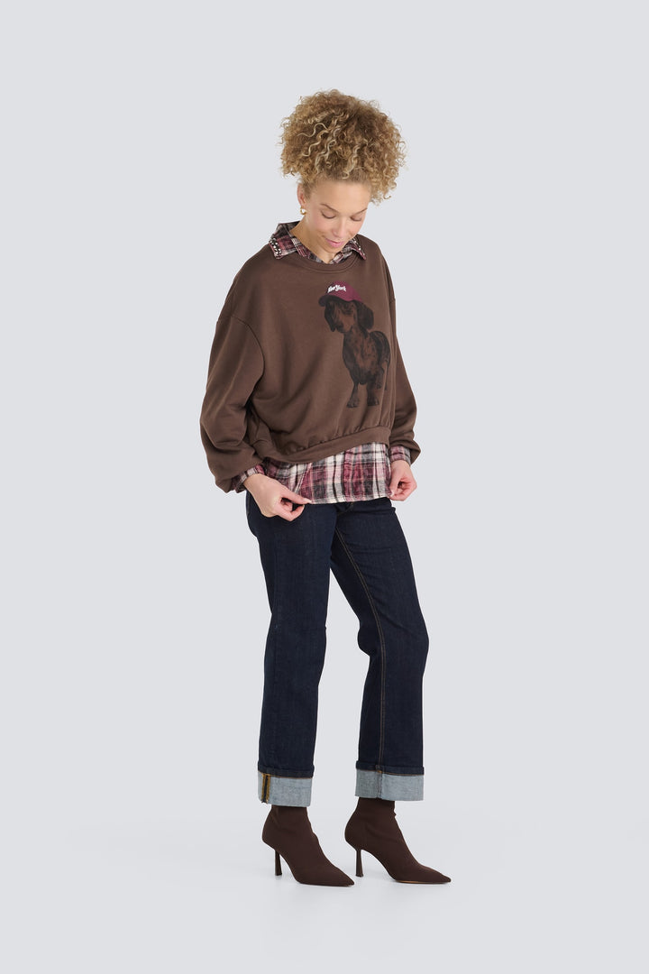 Brown crewneck sweatshirt featuring a dachshund graphic layered over a plaid button-down shirt.