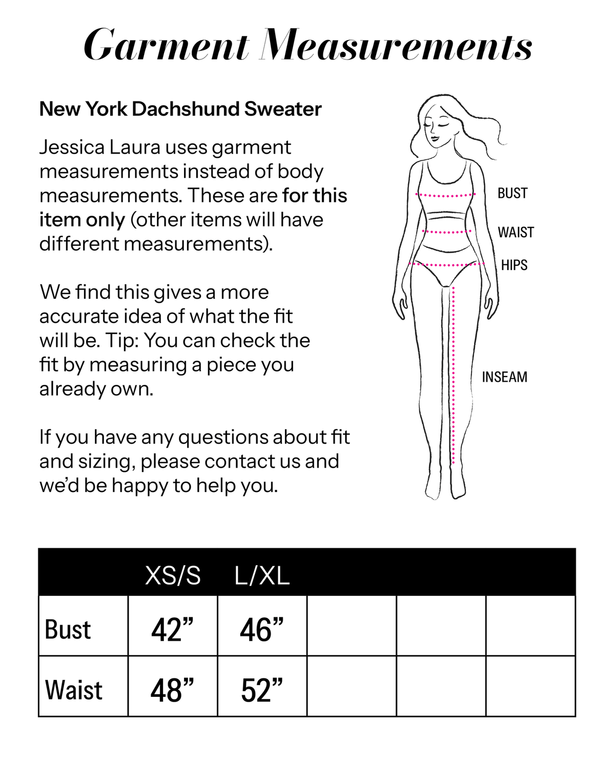 New York Dachshund Sweater size chart