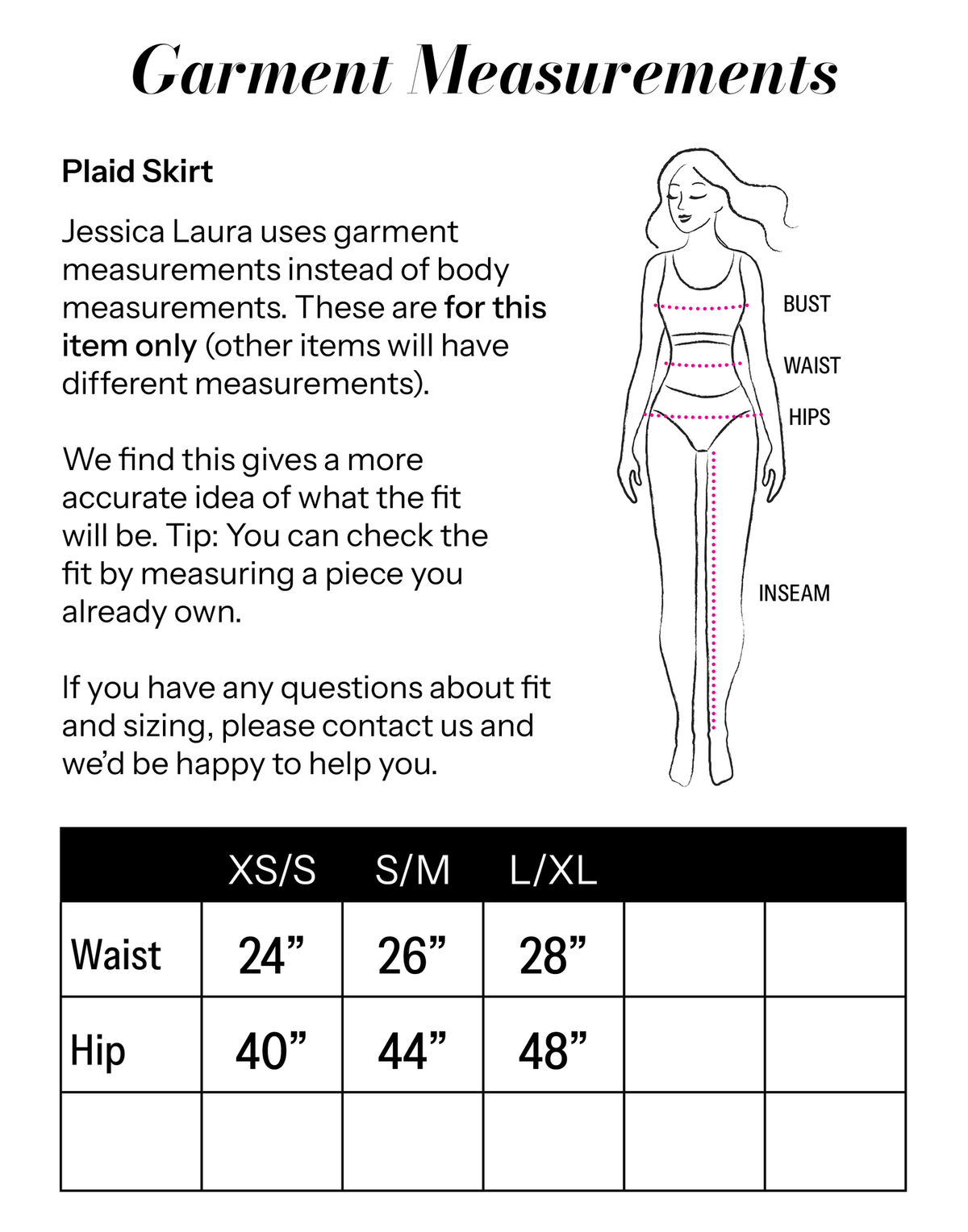 Plaid Skirt size chart