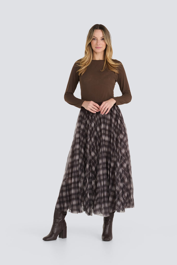 Dark brown fitted long-sleeve top with a classic round neckline.