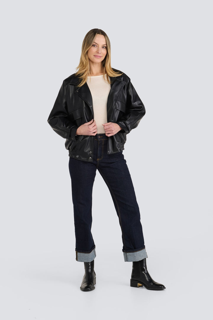 Black leather bomber jacket with lapels, button flap pockets, and an elastic hem.