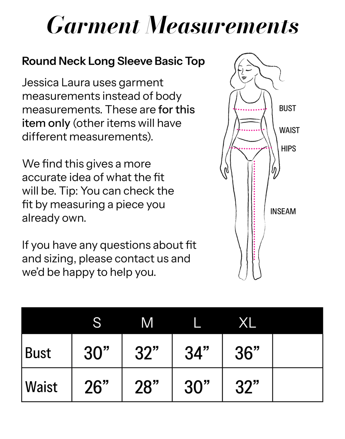 Round Neck Long Sleeve Basic Top size chart