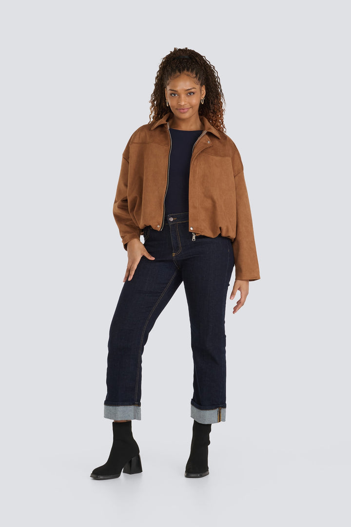 Brown suede zip-front jacket with a collar and relaxed fit.
