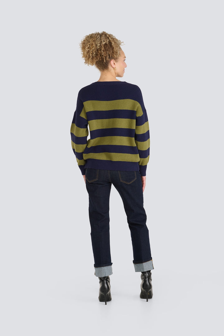 Navy blue and olive green striped knit sweater viewed from the back.
