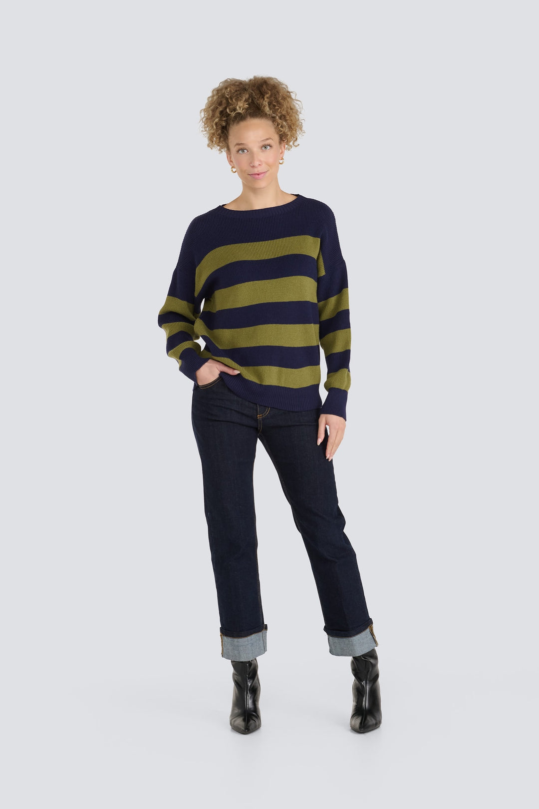 Navy blue and olive green horizontal striped knit sweater with a crew neck.