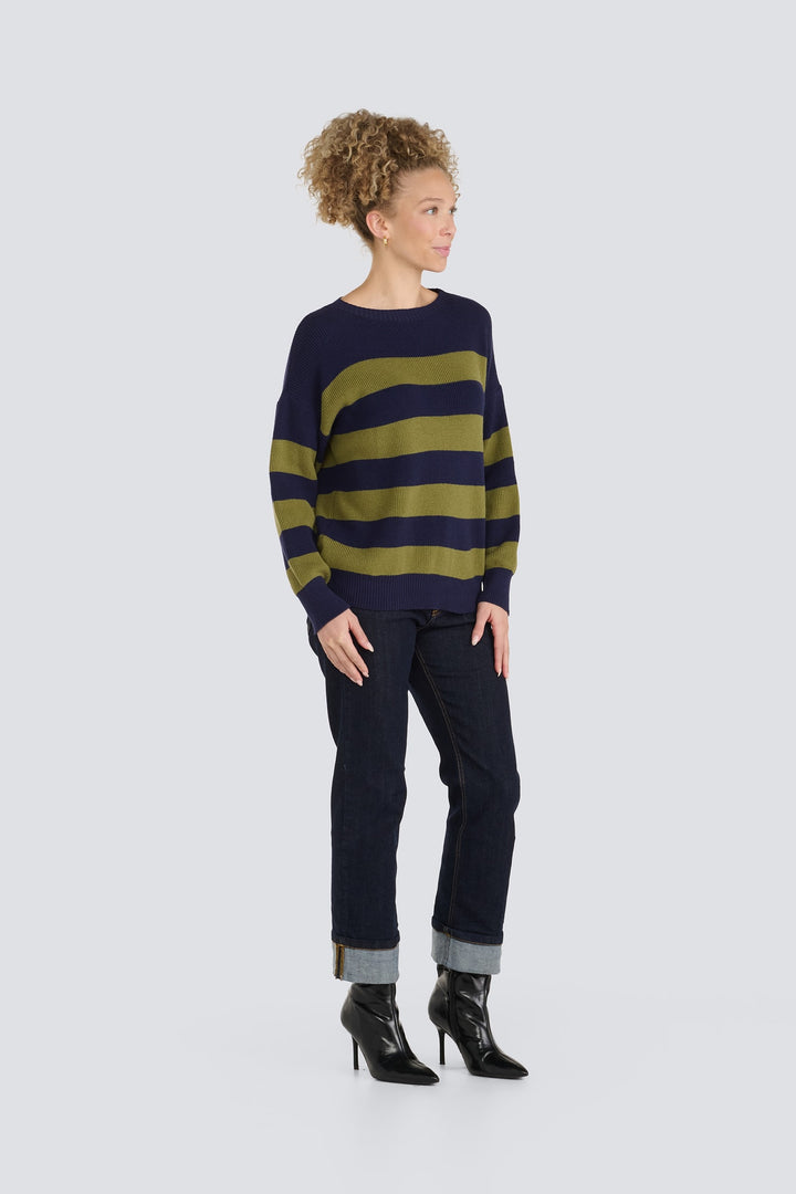 Navy blue and olive green striped knit sweater with a crew neckline.