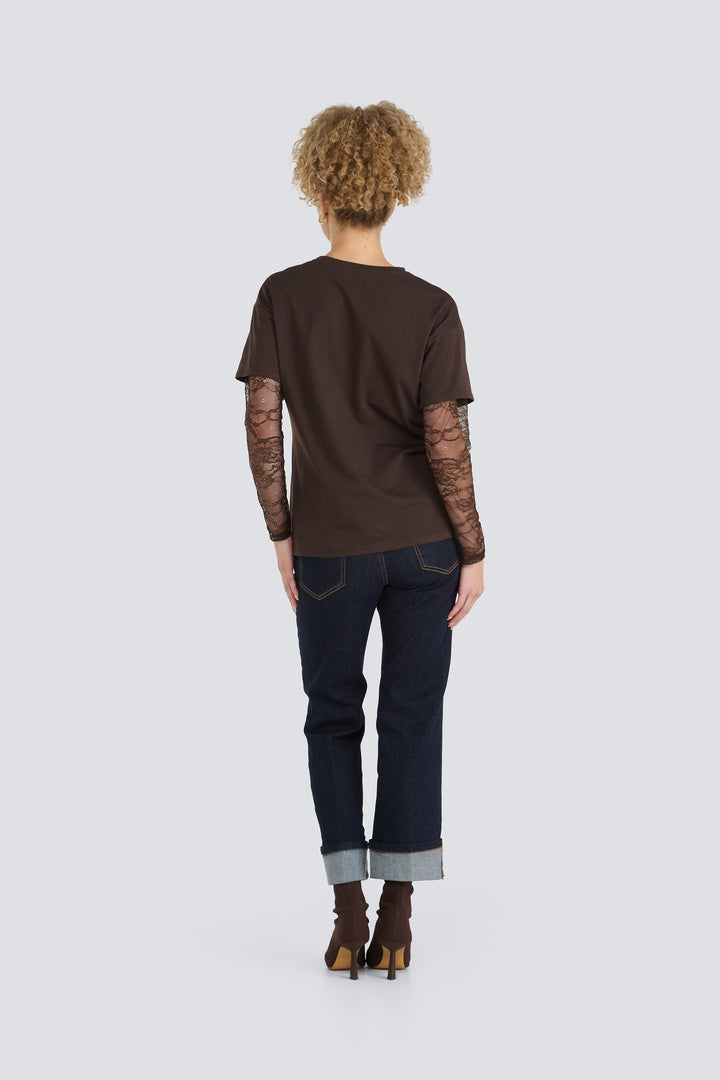 Dark brown t-shirt with long sheer lace sleeves shown from the back.