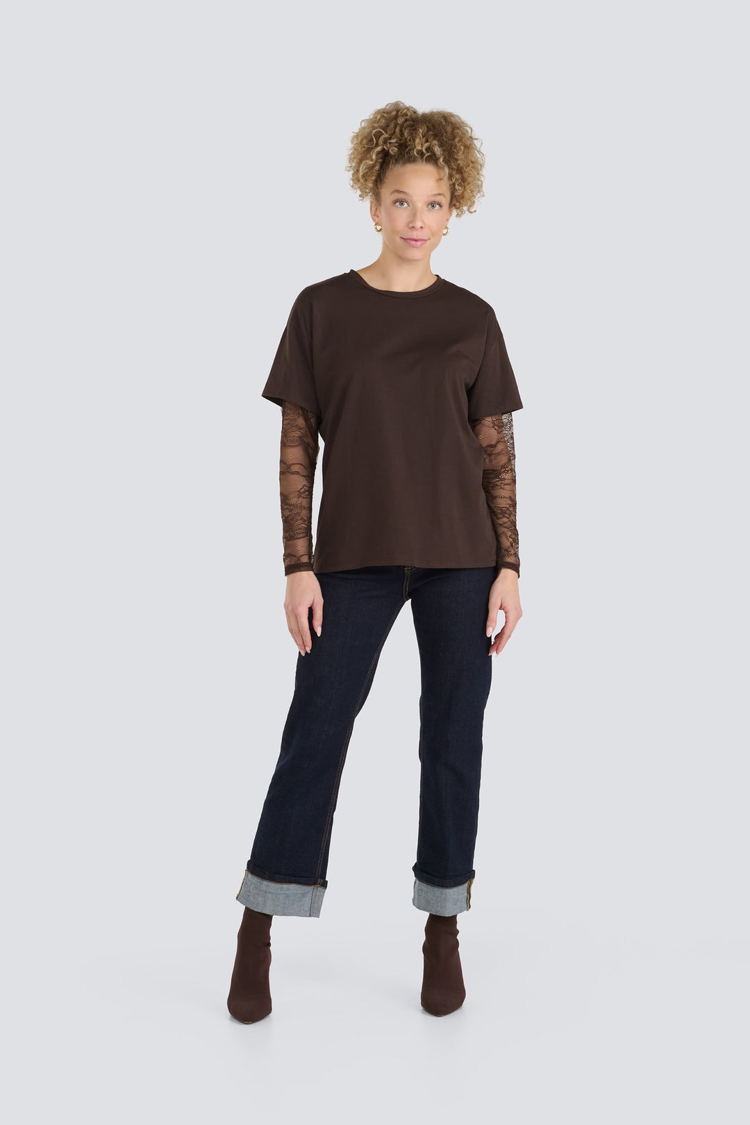 Dark brown short-sleeve crewneck top featuring sheer brown lace long sleeves.