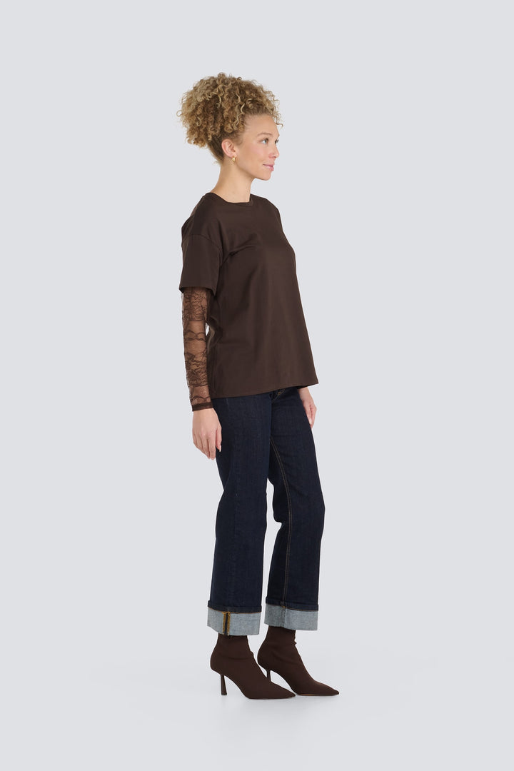 Brown crewneck t-shirt featuring sheer lace long sleeves.