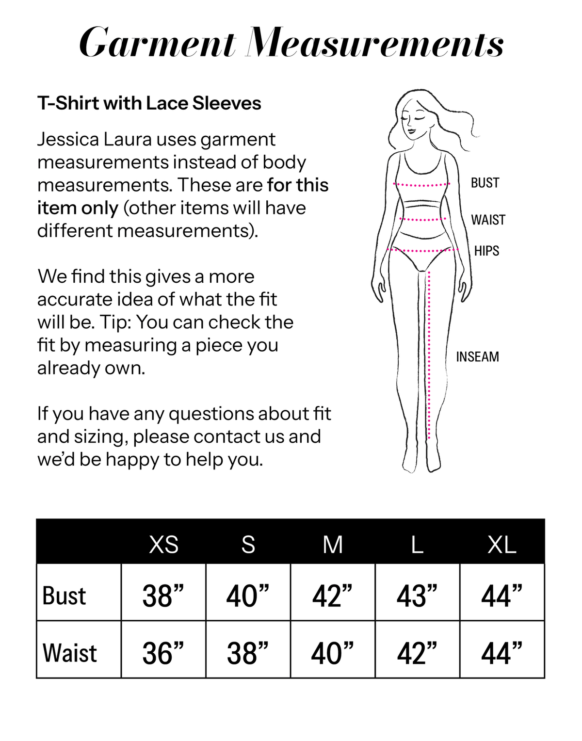 T-Shirt with Lace Sleeves size chart